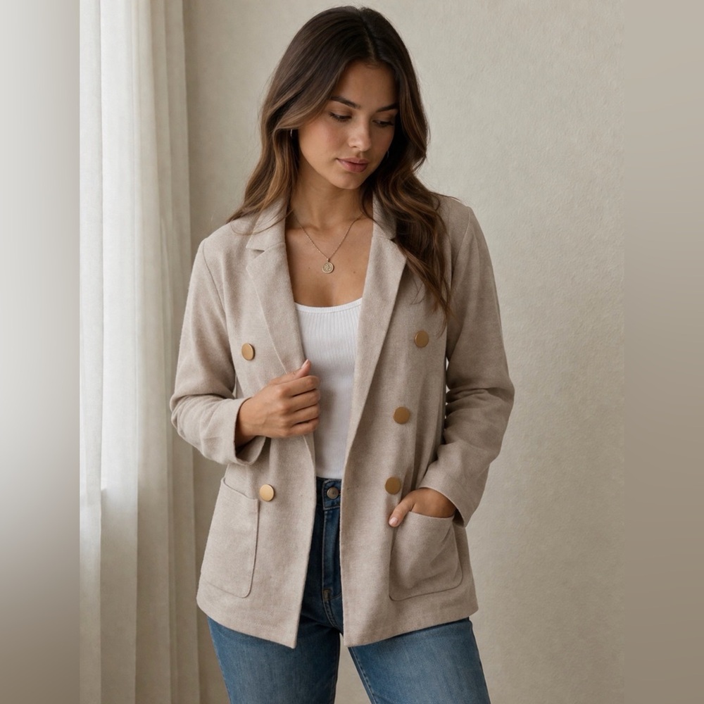 EUC Sioni Light Beige Knit Double-Breasted Blazer